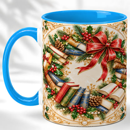 #pl[11oz|Blue] Festive Book Wreath Coffee Mug, Holiday Reading Mug, Ceramic Cup
