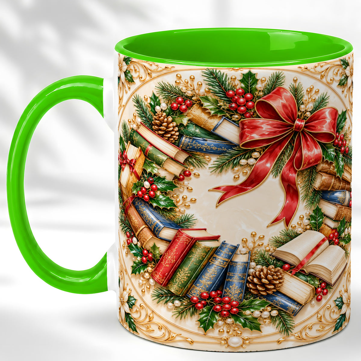 #pl[11oz|Green] Festive Book Wreath Coffee Mug, Holiday Reading Mug, Ceramic Cup