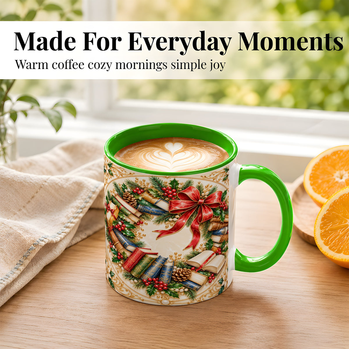 #pl[11oz|Green] Festive Book Wreath Coffee Mug, Holiday Reading Mug, Ceramic Cup