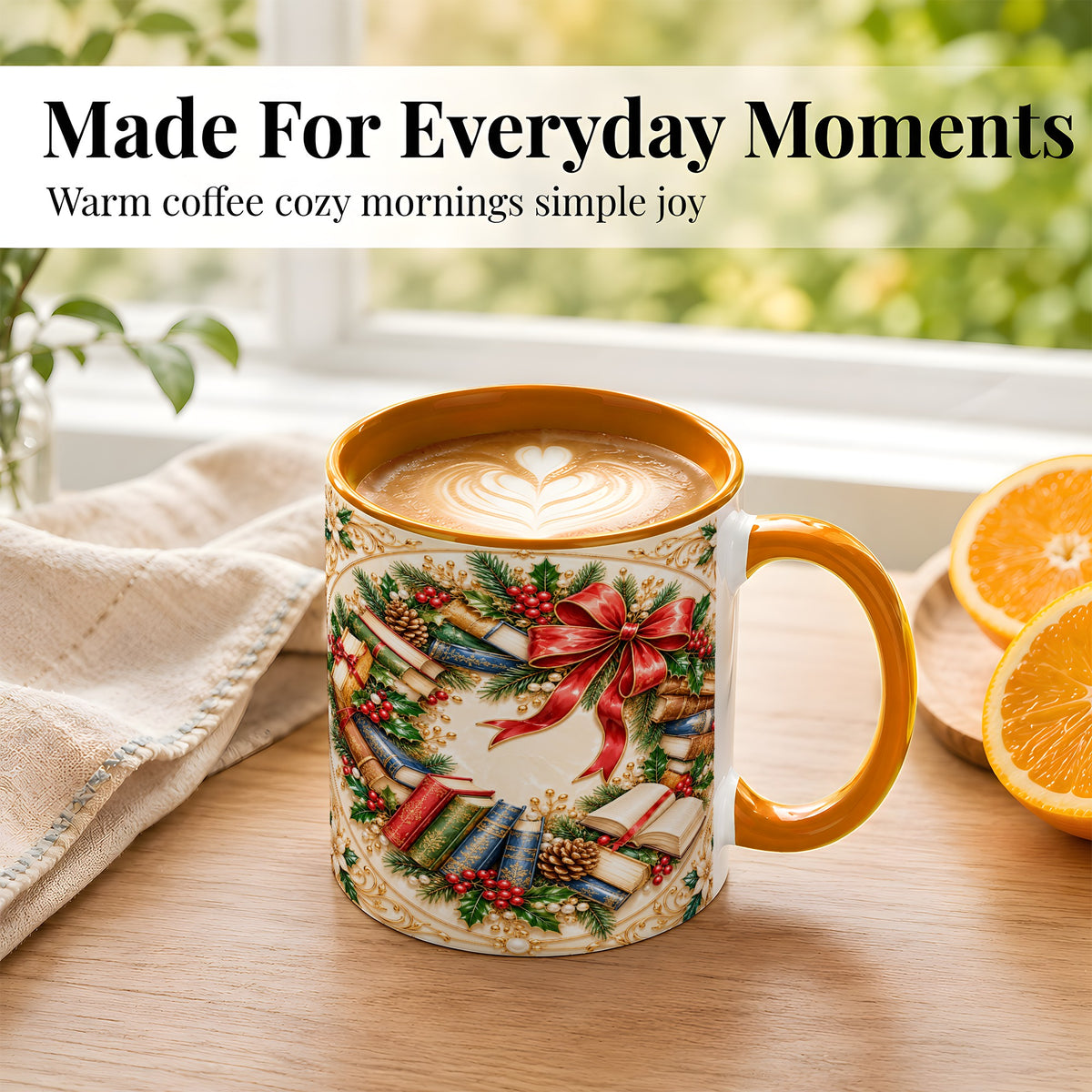 #pl[11oz|Orange] Festive Book Wreath Coffee Mug, Holiday Reading Mug, Ceramic Cup