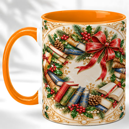 #pl[11oz|Orange] Festive Book Wreath Coffee Mug, Holiday Reading Mug, Ceramic Cup