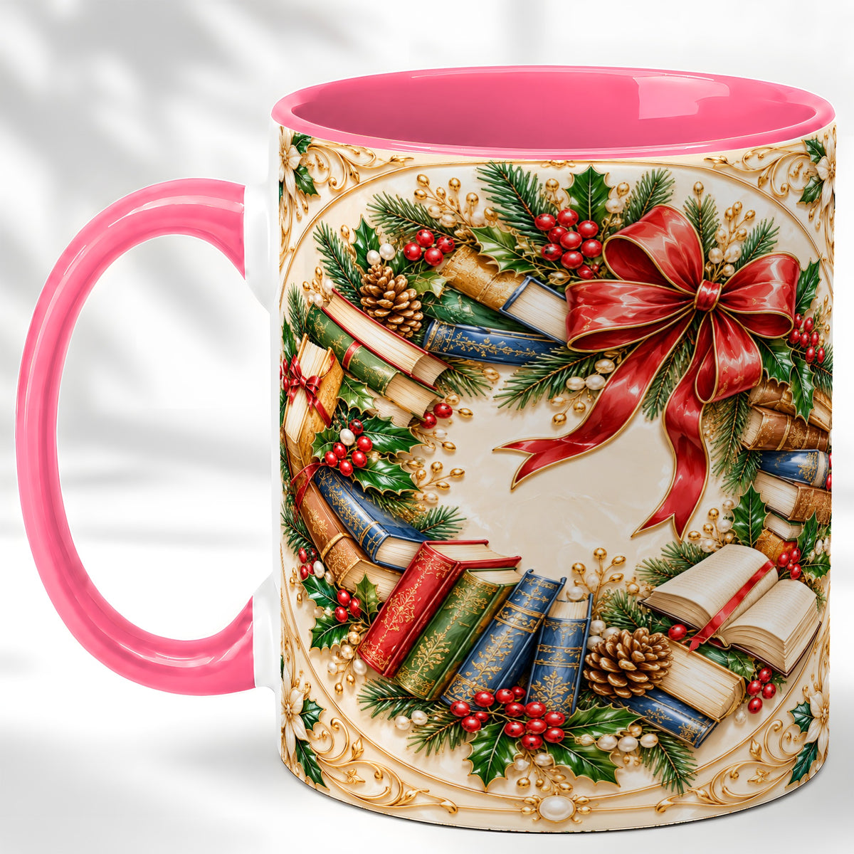 #pl[11oz|Pink] Festive Book Wreath Coffee Mug, Holiday Reading Mug, Ceramic Cup