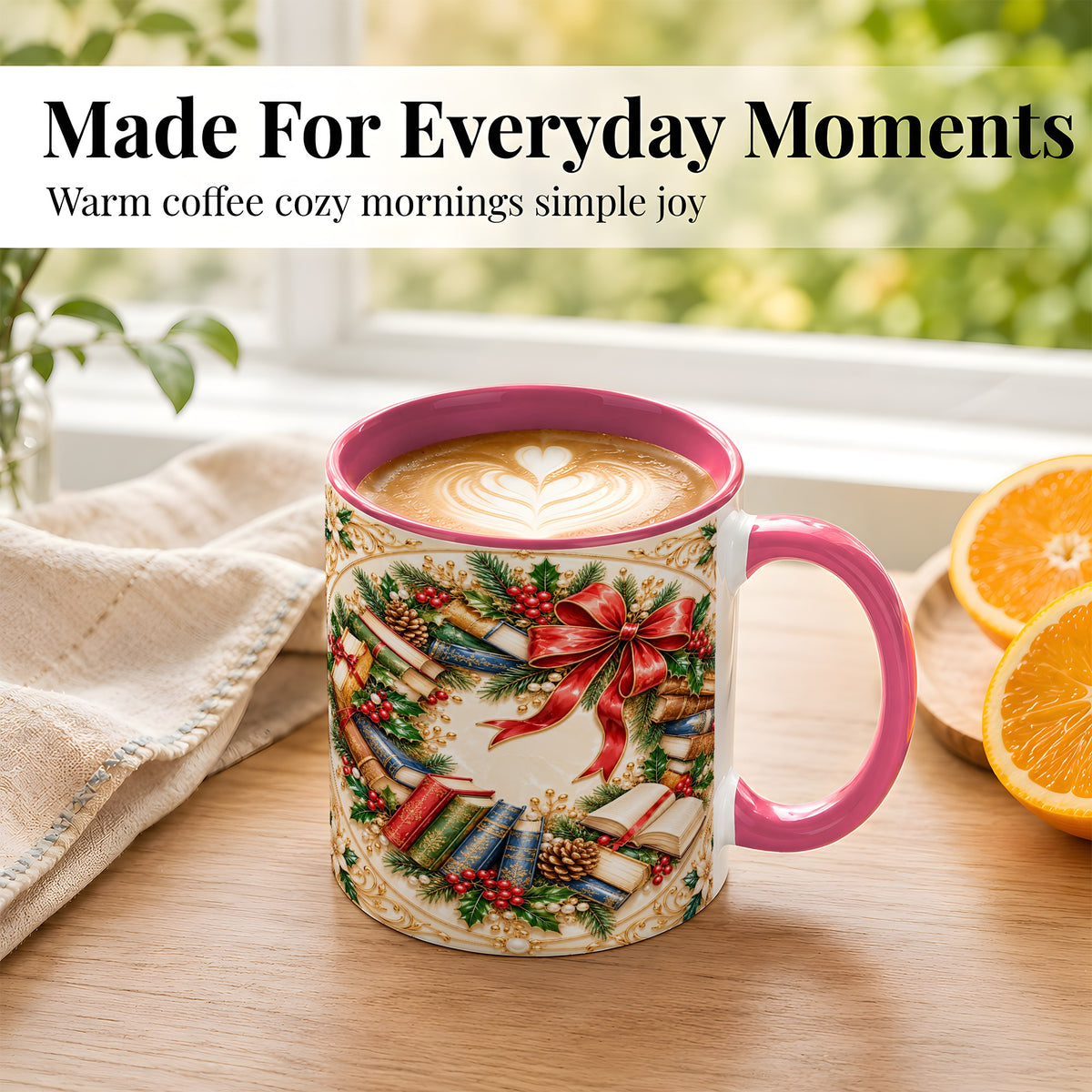 #pl[11oz|Pink] Festive Book Wreath Coffee Mug, Holiday Reading Mug, Ceramic Cup
