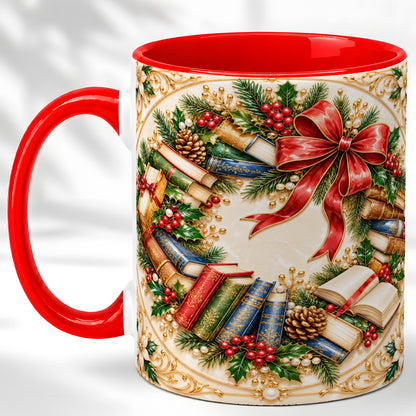 Festive Book Wreath Coffee Mug, Holiday Reading Mug, Ceramic Cup