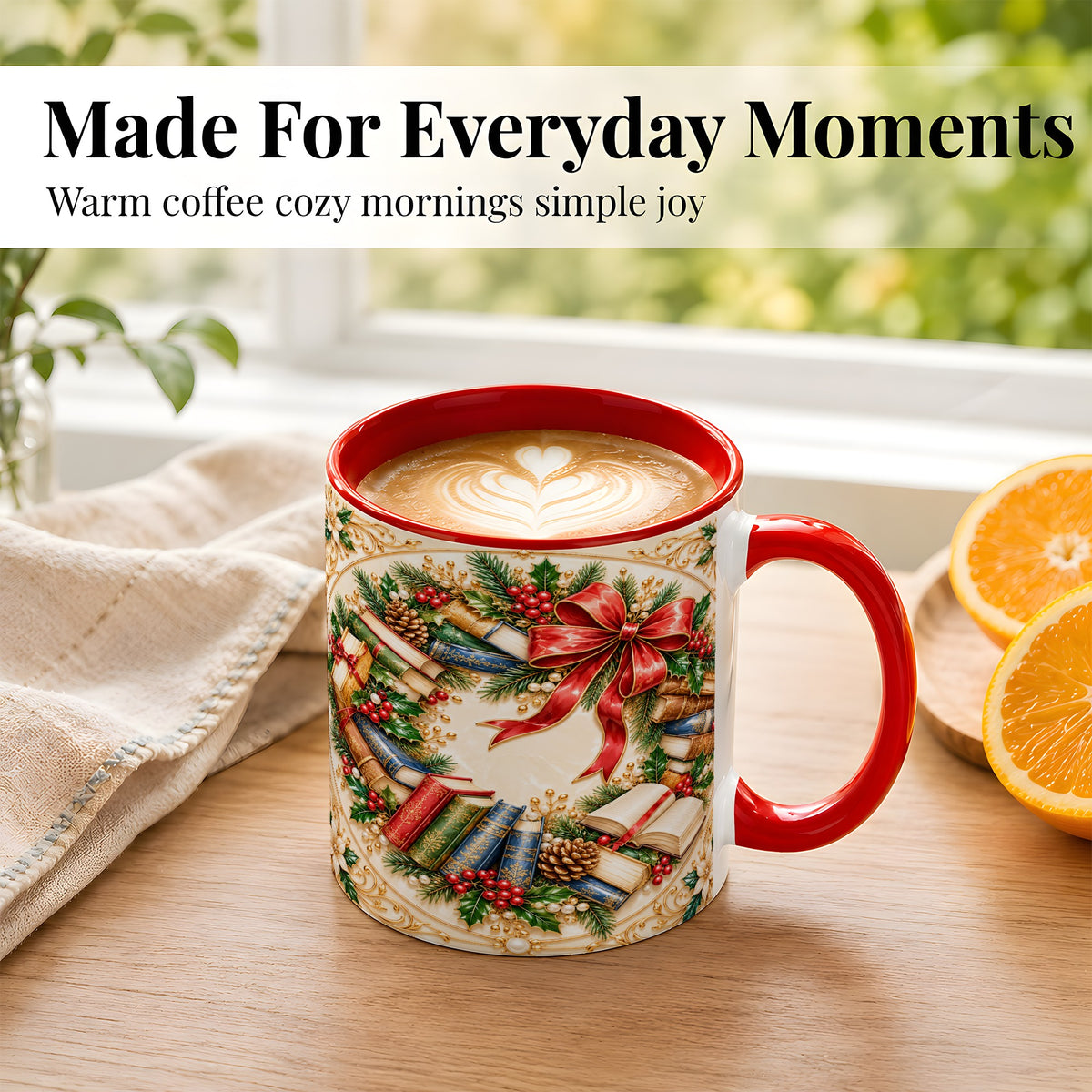 #pl[11oz|Red] Festive Book Wreath Coffee Mug, Holiday Reading Mug, Ceramic Cup