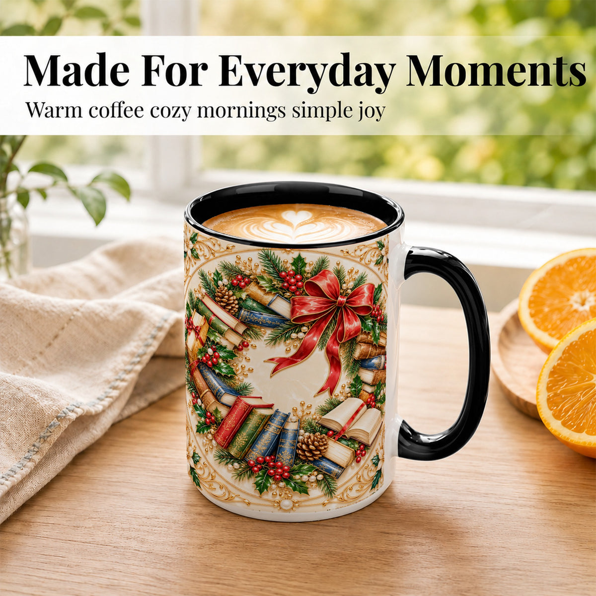 #pl[15oz|Black] Festive Book Wreath Coffee Mug, Holiday Reading Mug, Ceramic Cup