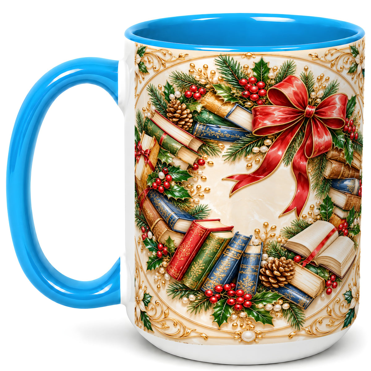 #pl[15oz|Blue] Festive Book Wreath Coffee Mug, Holiday Reading Mug, Ceramic Cup