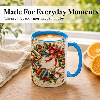 #pl[15oz|Blue] Festive Book Wreath Coffee Mug, Holiday Reading Mug, Ceramic Cup