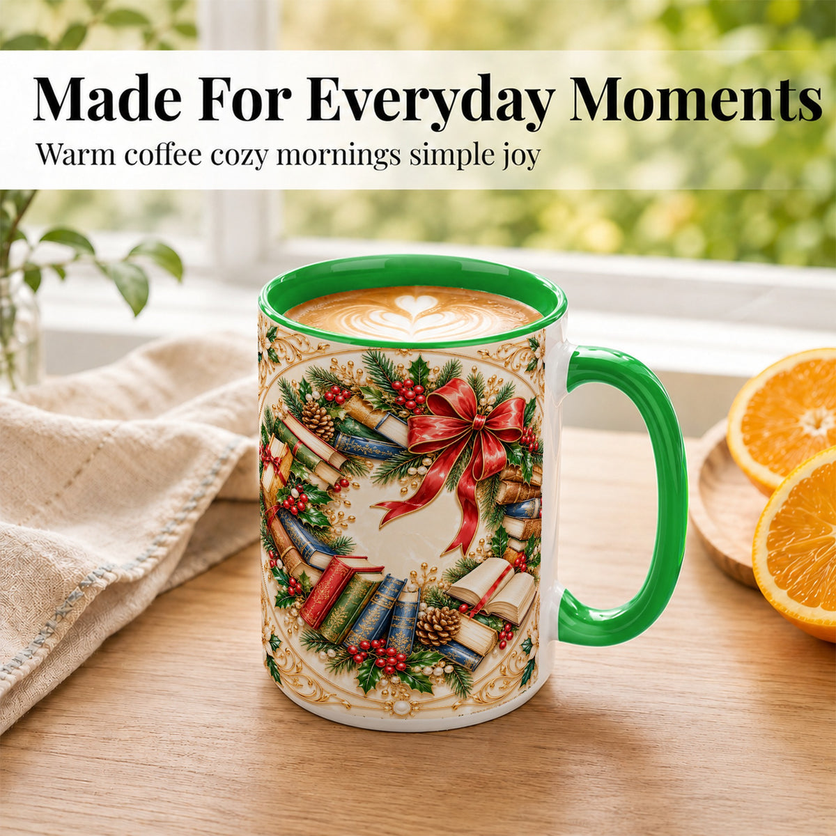 #pl[15oz|Green] Festive Book Wreath Coffee Mug, Holiday Reading Mug, Ceramic Cup