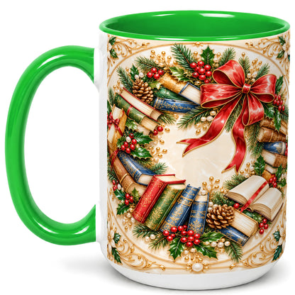 #pl[15oz|Green] Festive Book Wreath Coffee Mug, Holiday Reading Mug, Ceramic Cup
