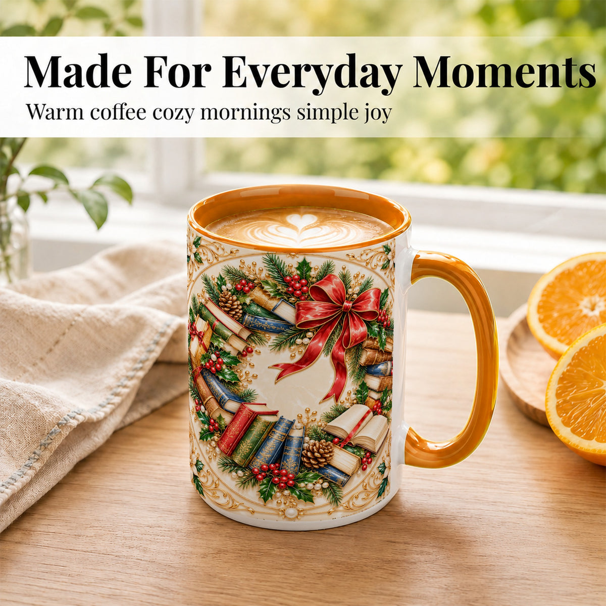 #pl[15oz|Orange] Festive Book Wreath Coffee Mug, Holiday Reading Mug, Ceramic Cup