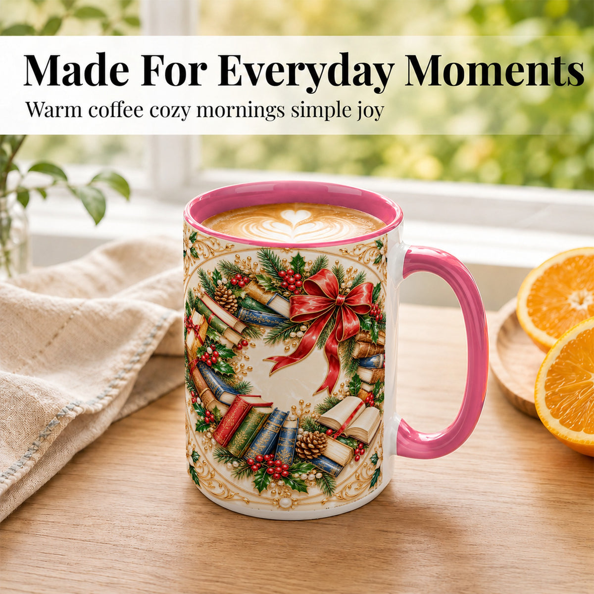 #pl[15oz|Pink] Festive Book Wreath Coffee Mug, Holiday Reading Mug, Ceramic Cup
