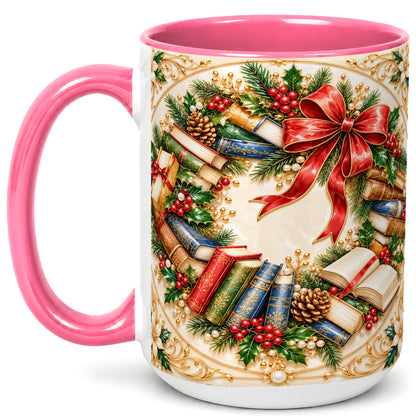 #pl[15oz|Pink] Festive Book Wreath Coffee Mug, Holiday Reading Mug, Ceramic Cup
