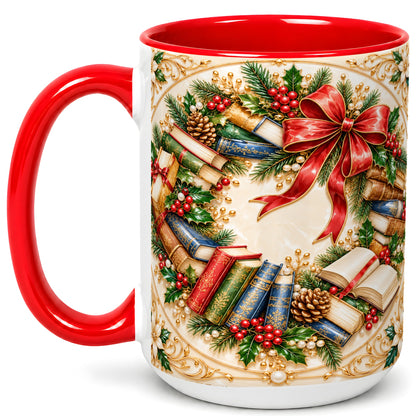 #pl[15oz|Red] Festive Book Wreath Coffee Mug, Holiday Reading Mug, Ceramic Cup