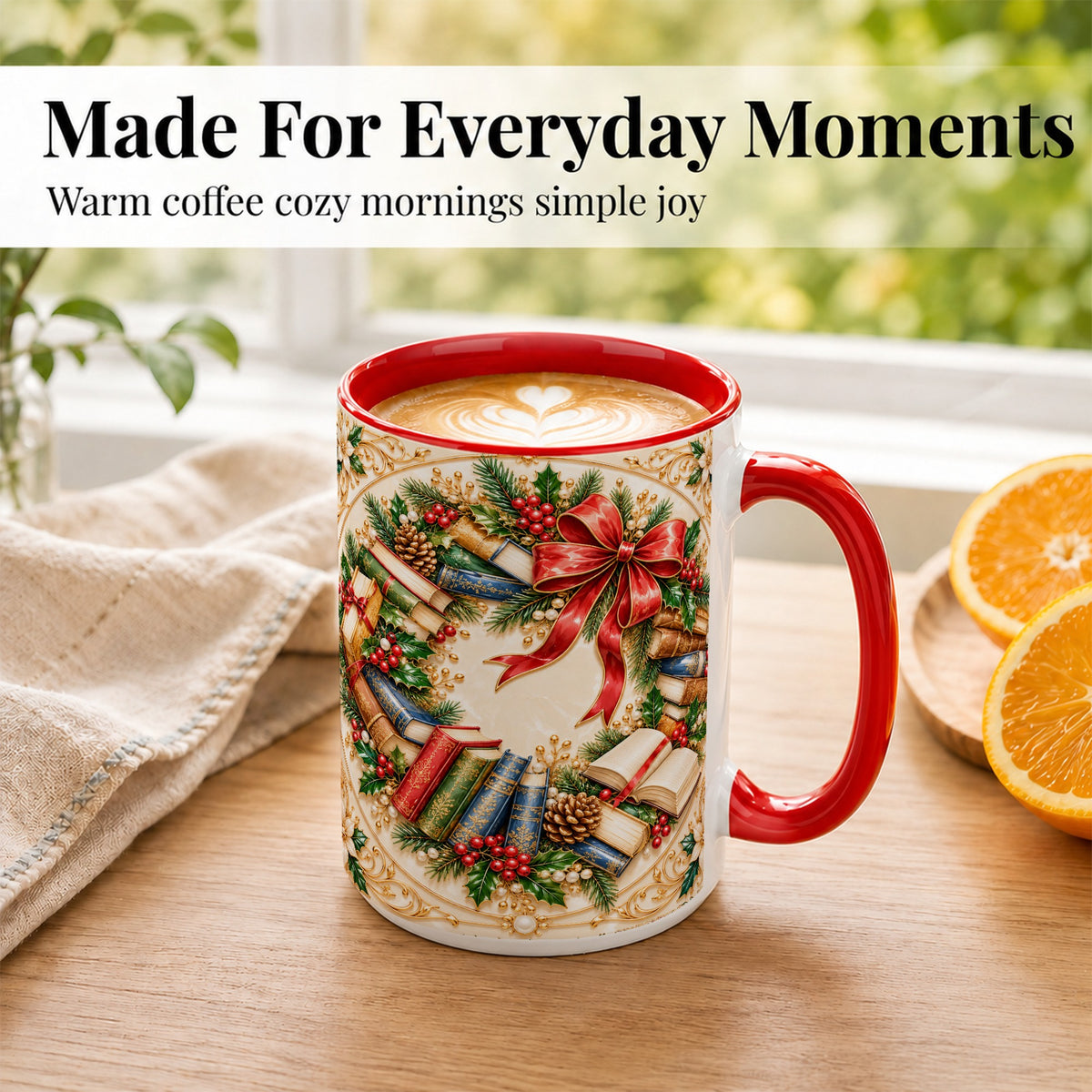#pl[15oz|Red] Festive Book Wreath Coffee Mug, Holiday Reading Mug, Ceramic Cup