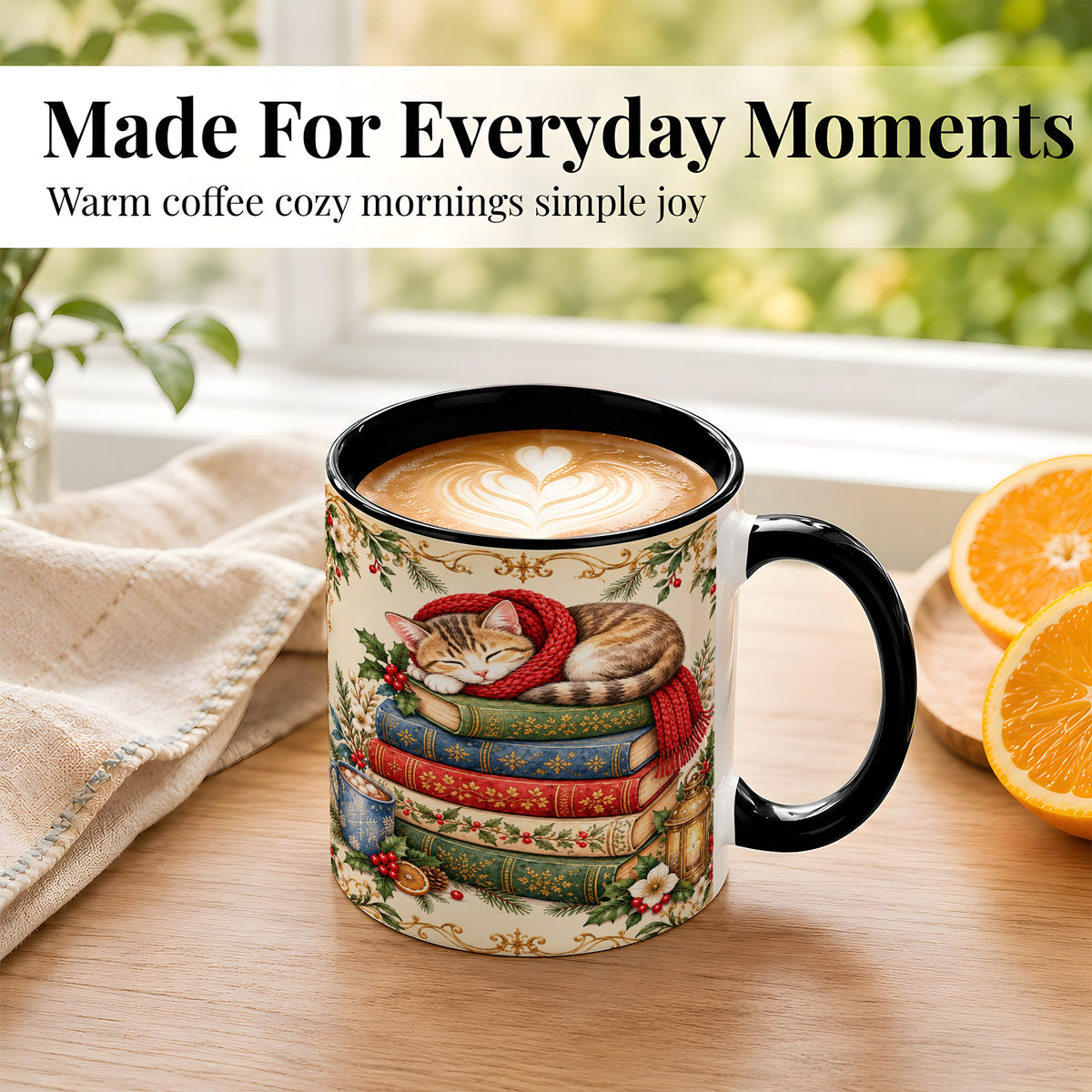 #pl[11oz|Black] Christmas Cat Books Coffee Mug, Cozy Reader Mug, Ceramic Cup