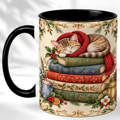 #pl[11oz|Black] Christmas Cat Books Coffee Mug, Cozy Reader Mug, Ceramic Cup