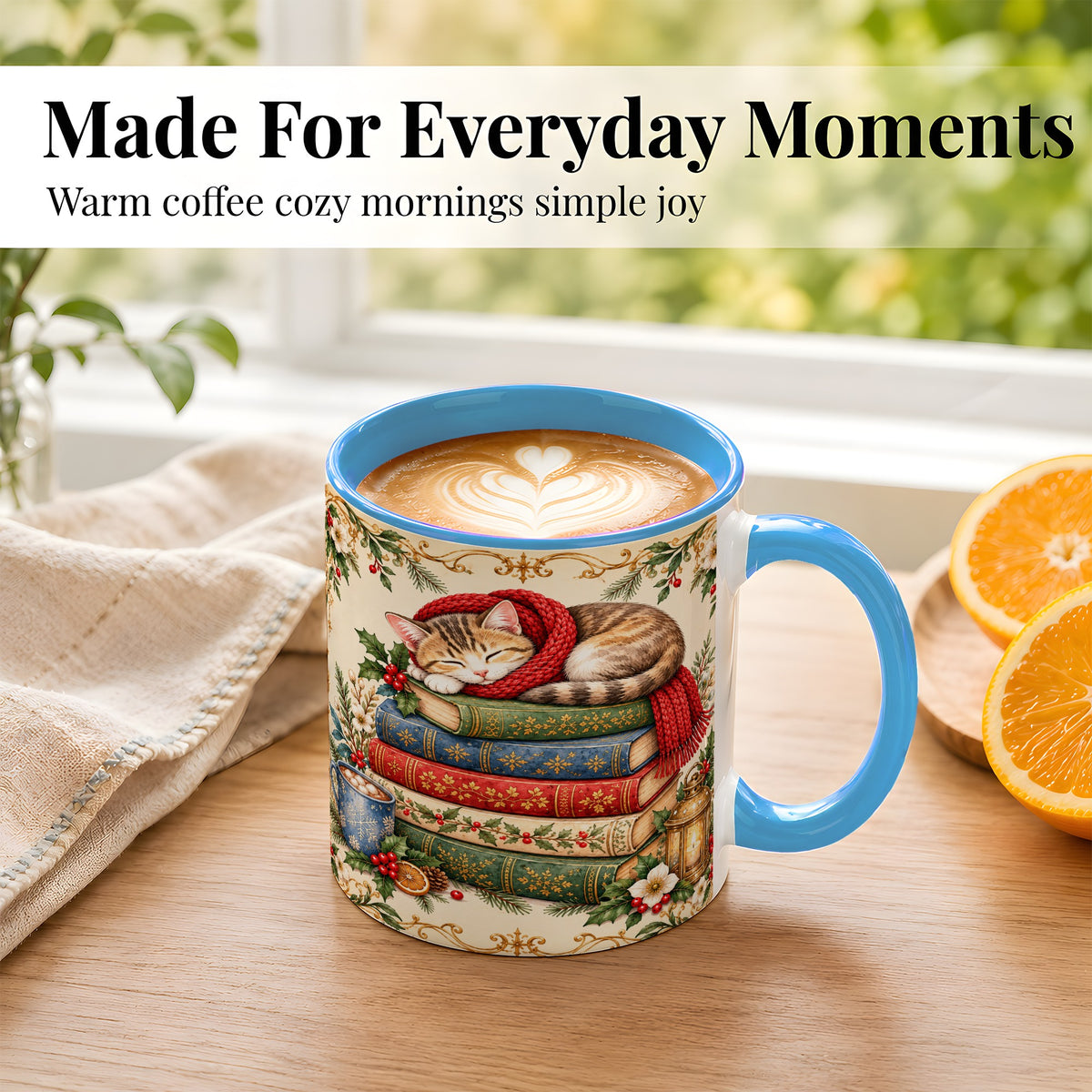 #pl[11oz|Blue] Christmas Cat Books Coffee Mug, Cozy Reader Mug, Ceramic Cup