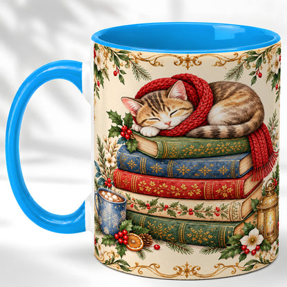 #pl[11oz|Blue] Christmas Cat Books Coffee Mug, Cozy Reader Mug, Ceramic Cup