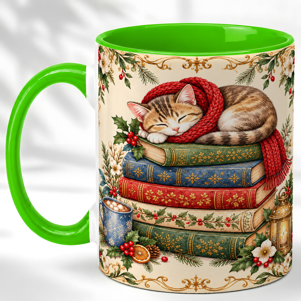 #pl[11oz|Green] Christmas Cat Books Coffee Mug, Cozy Reader Mug, Ceramic Cup