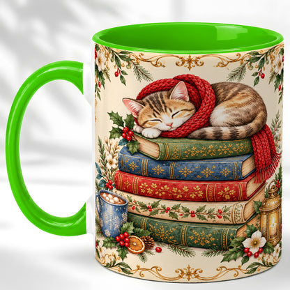 #pl[11oz|Green] Christmas Cat Books Coffee Mug, Cozy Reader Mug, Ceramic Cup
