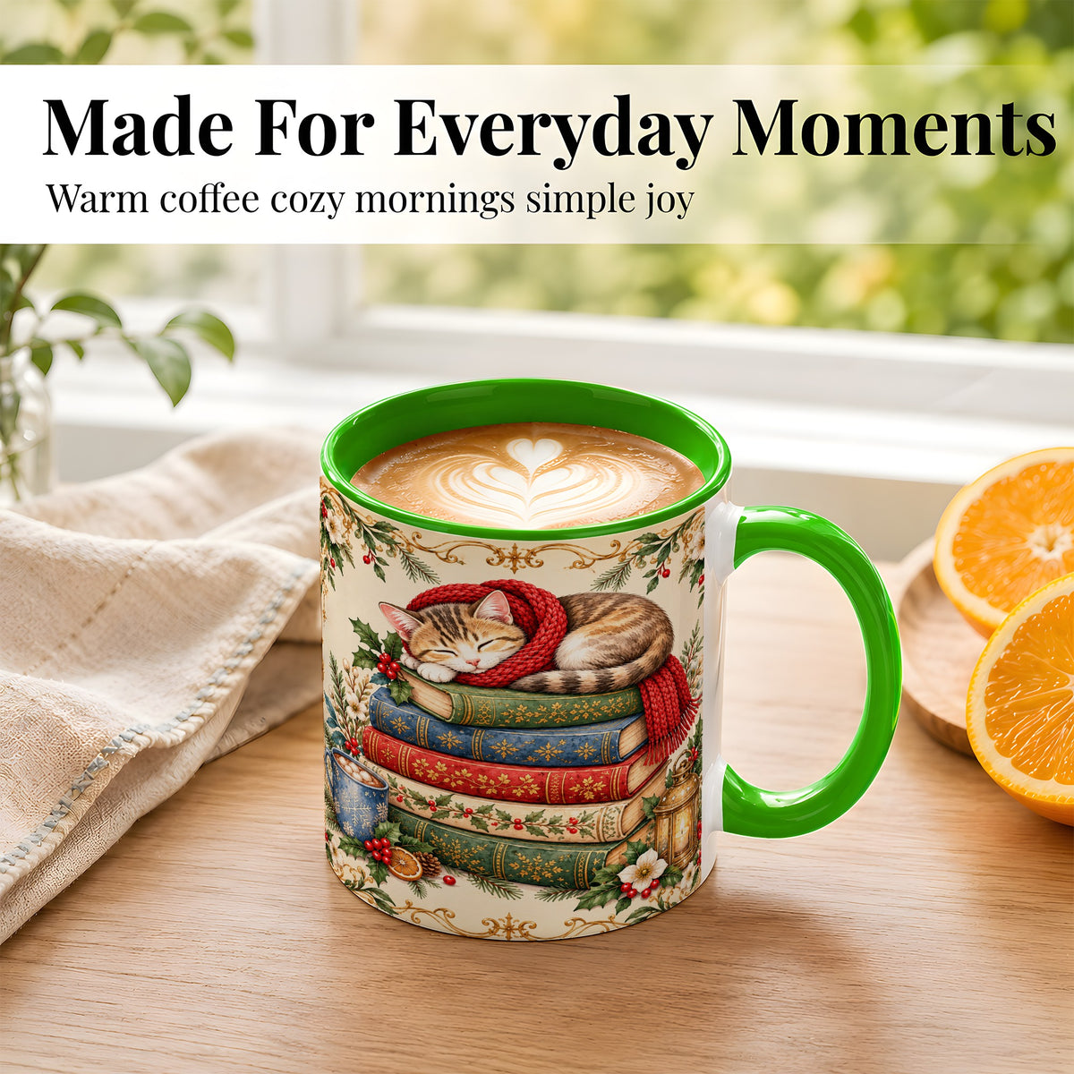 #pl[11oz|Green] Christmas Cat Books Coffee Mug, Cozy Reader Mug, Ceramic Cup