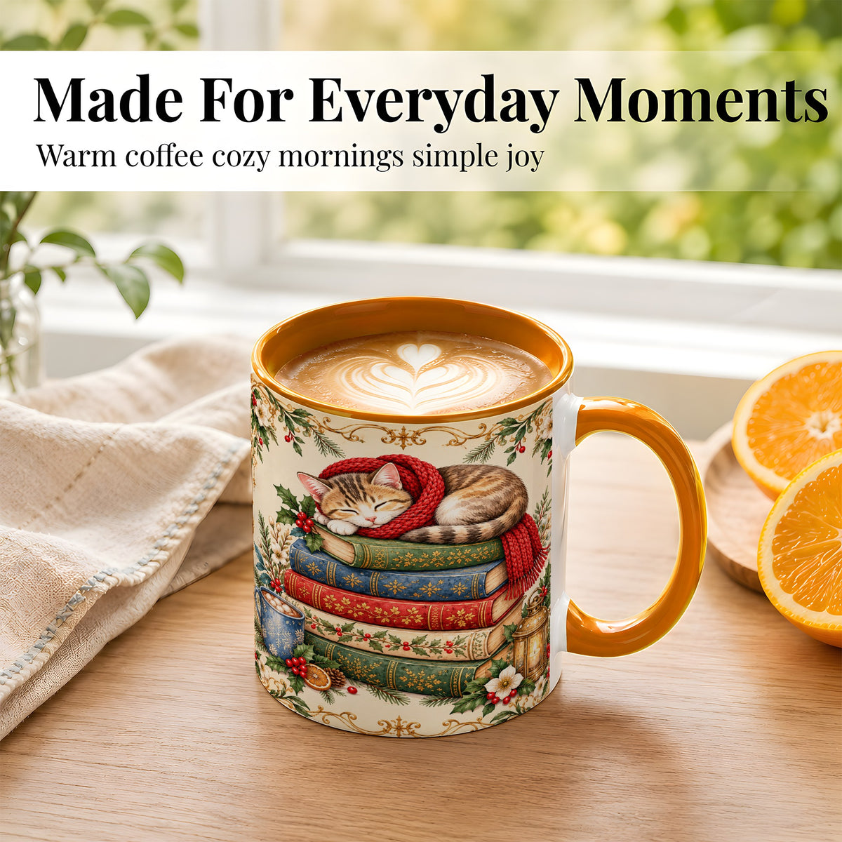#pl[11oz|Orange] Christmas Cat Books Coffee Mug, Cozy Reader Mug, Ceramic Cup