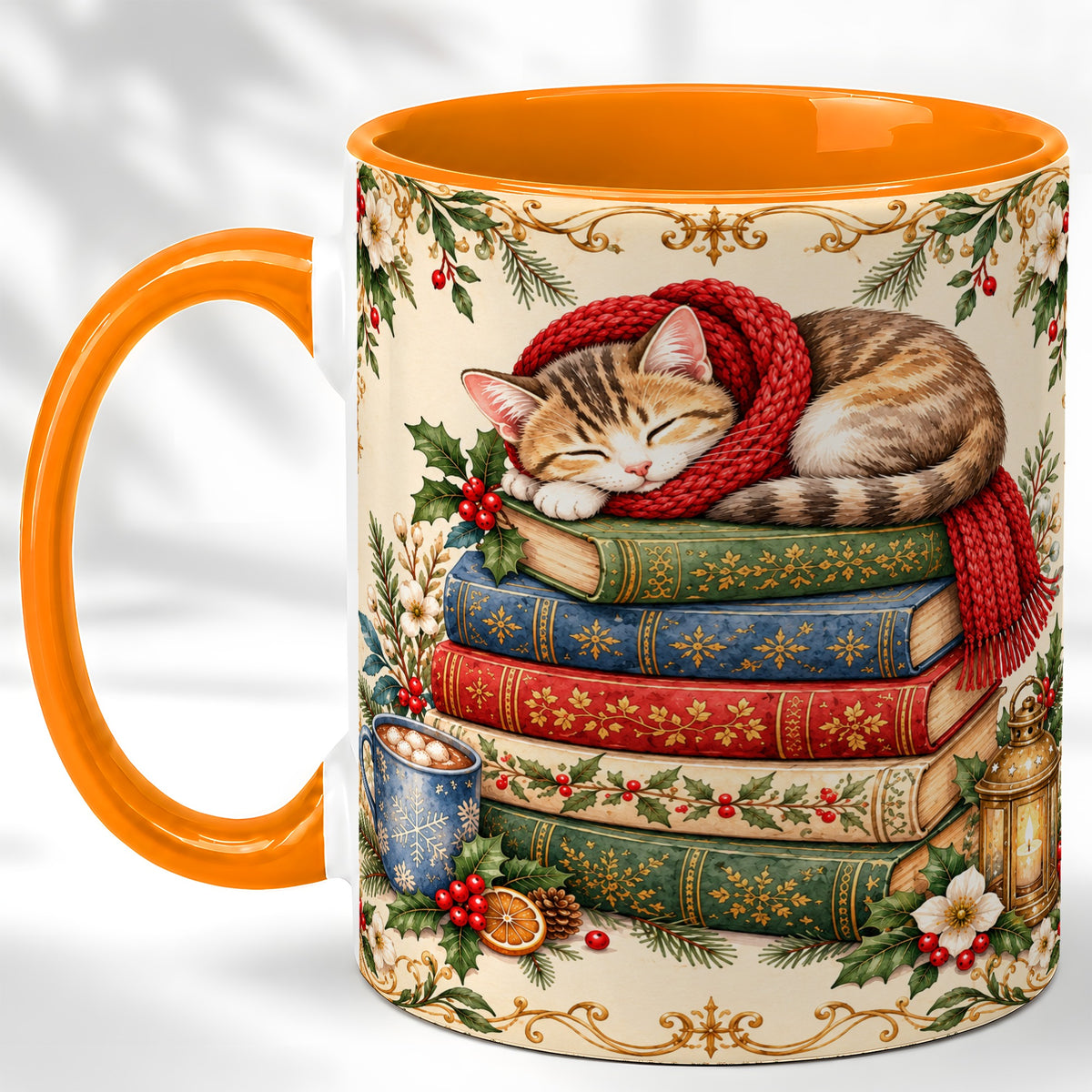 #pl[11oz|Orange] Christmas Cat Books Coffee Mug, Cozy Reader Mug, Ceramic Cup