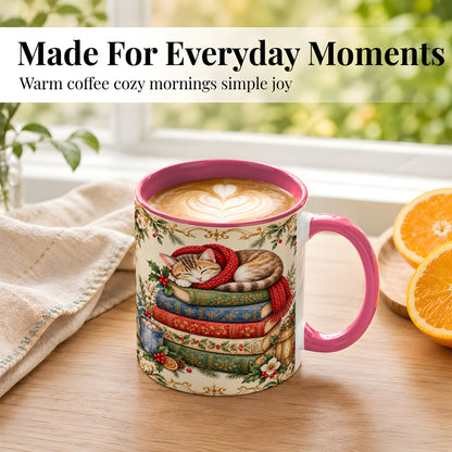 #pl[11oz|Pink] Christmas Cat Books Coffee Mug, Cozy Reader Mug, Ceramic Cup