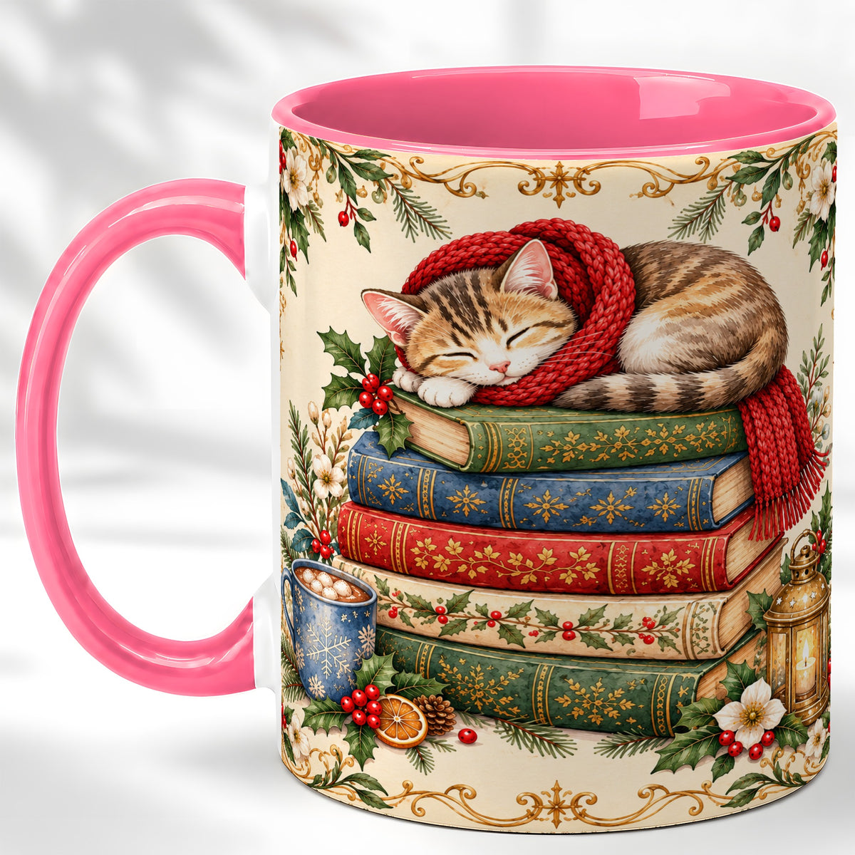 #pl[11oz|Pink] Christmas Cat Books Coffee Mug, Cozy Reader Mug, Ceramic Cup