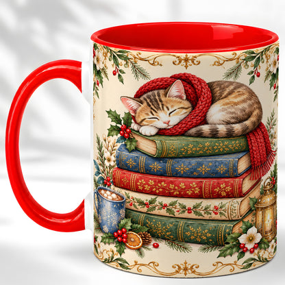 Christmas Cat Books Coffee Mug, Cozy Reader Mug, Ceramic Cup