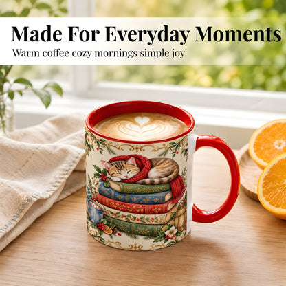 #pl[11oz|Red] Christmas Cat Books Coffee Mug, Cozy Reader Mug, Ceramic Cup
