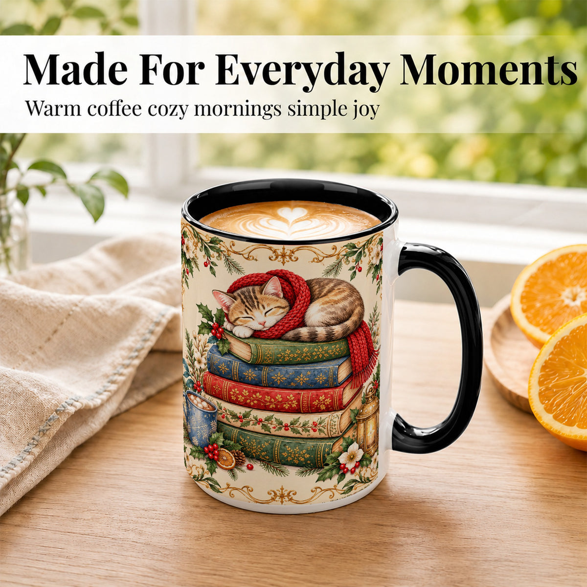 #pl[15oz|Black] Christmas Cat Books Coffee Mug, Cozy Reader Mug, Ceramic Cup