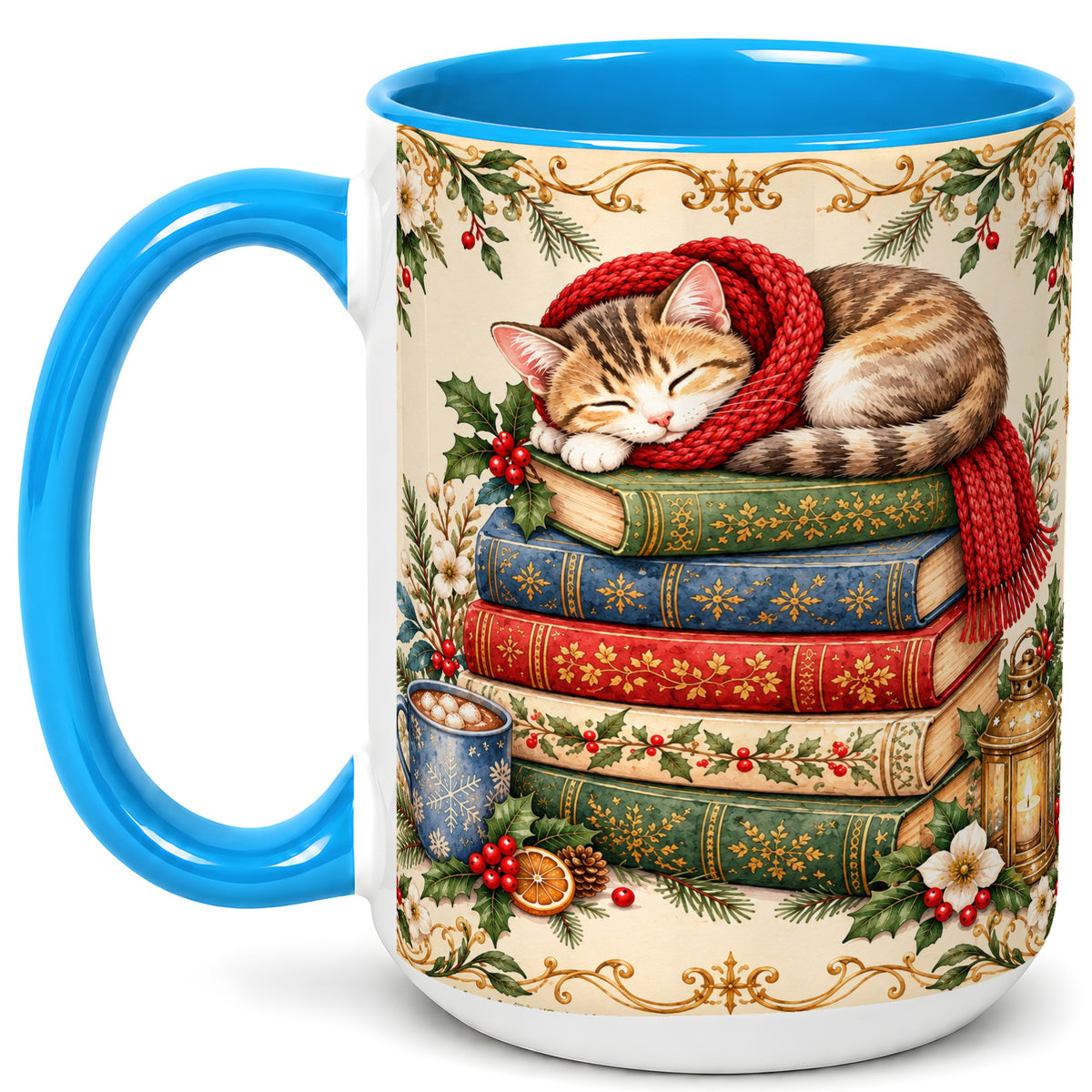 #pl[15oz|Blue] Christmas Cat Books Coffee Mug, Cozy Reader Mug, Ceramic Cup
