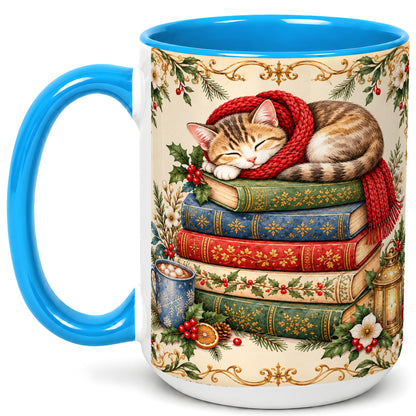 #pl[15oz|Blue] Christmas Cat Books Coffee Mug, Cozy Reader Mug, Ceramic Cup