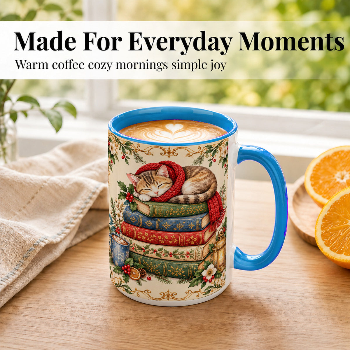 #pl[15oz|Blue] Christmas Cat Books Coffee Mug, Cozy Reader Mug, Ceramic Cup