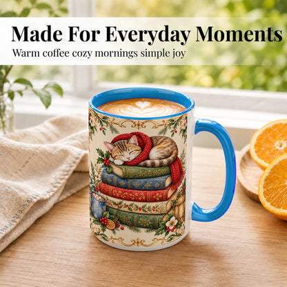 #pl[15oz|Blue] Christmas Cat Books Coffee Mug, Cozy Reader Mug, Ceramic Cup