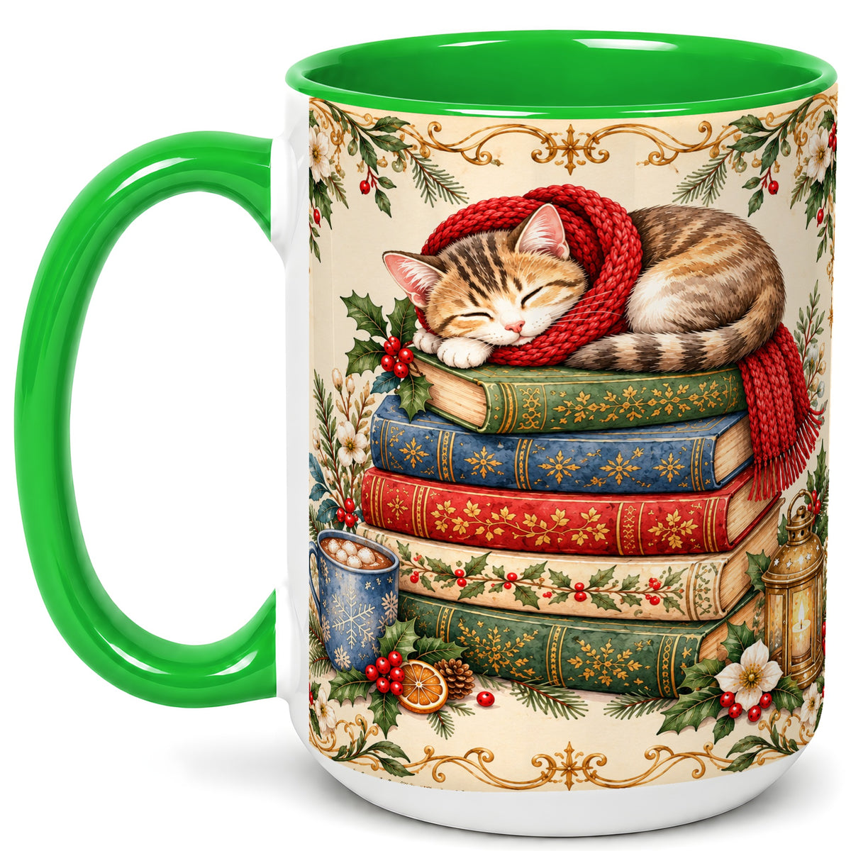 #pl[15oz|Green] Christmas Cat Books Coffee Mug, Cozy Reader Mug, Ceramic Cup