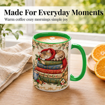 #pl[15oz|Green] Christmas Cat Books Coffee Mug, Cozy Reader Mug, Ceramic Cup