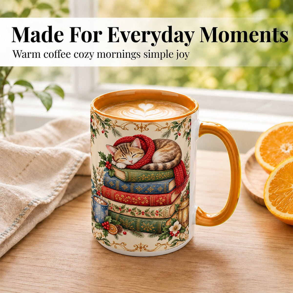 #pl[15oz|Orange] Christmas Cat Books Coffee Mug, Cozy Reader Mug, Ceramic Cup