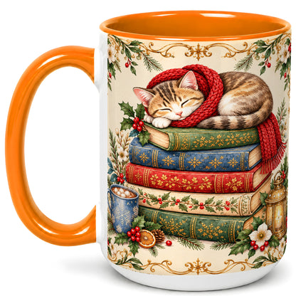 #pl[15oz|Orange] Christmas Cat Books Coffee Mug, Cozy Reader Mug, Ceramic Cup