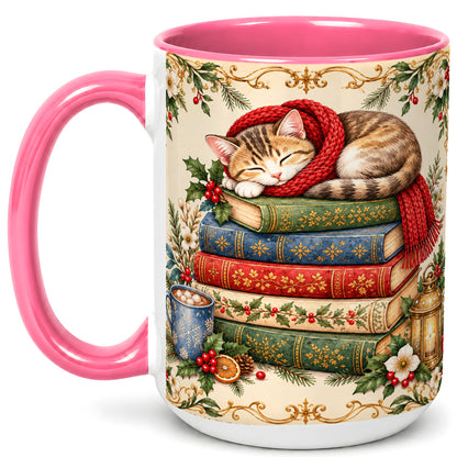 #pl[15oz|Pink] Christmas Cat Books Coffee Mug, Cozy Reader Mug, Ceramic Cup