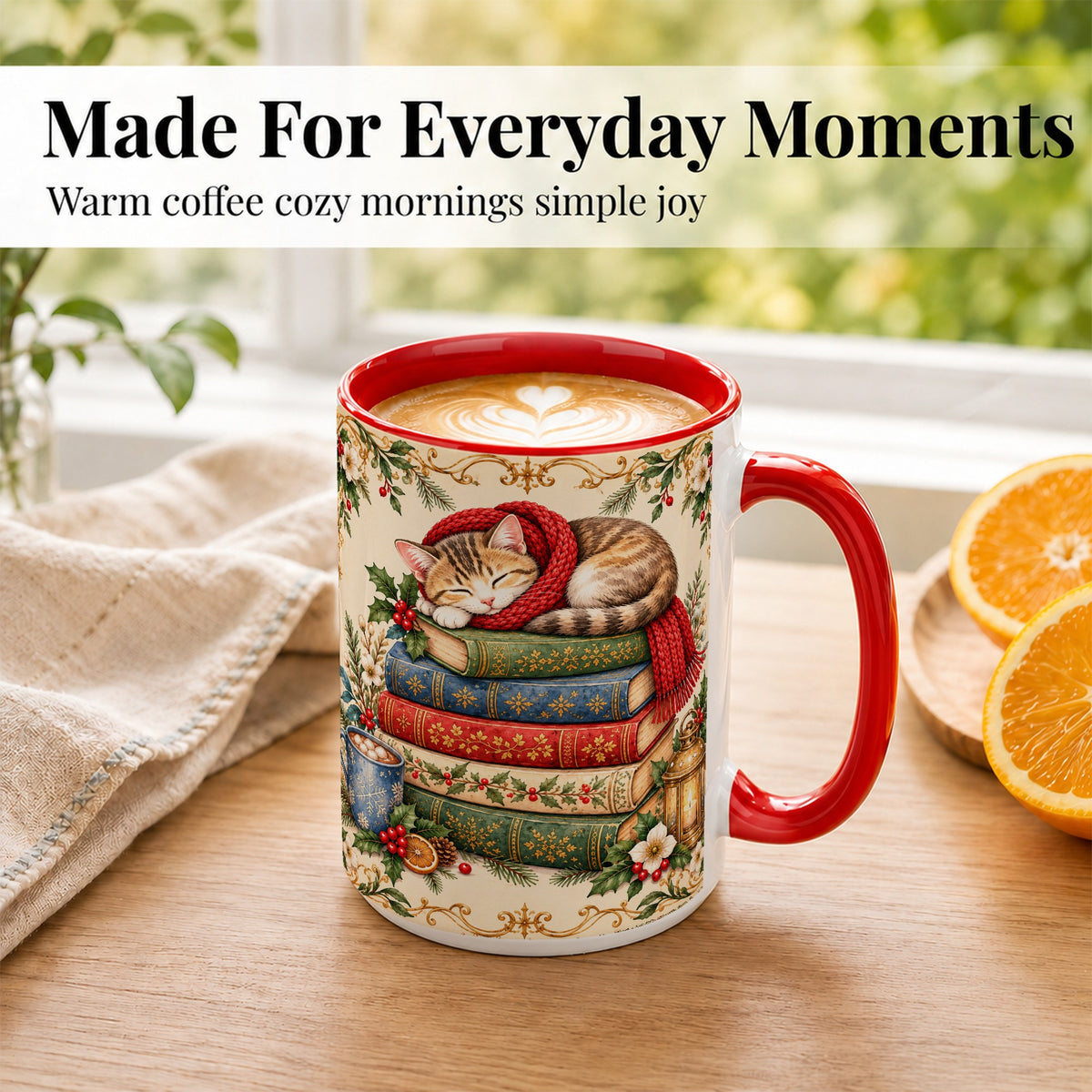 #pl[15oz|Red] Christmas Cat Books Coffee Mug, Cozy Reader Mug, Ceramic Cup