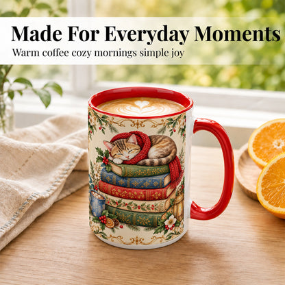 #pl[15oz|Red] Christmas Cat Books Coffee Mug, Cozy Reader Mug, Ceramic Cup