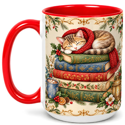 #pl[15oz|Red] Christmas Cat Books Coffee Mug, Cozy Reader Mug, Ceramic Cup