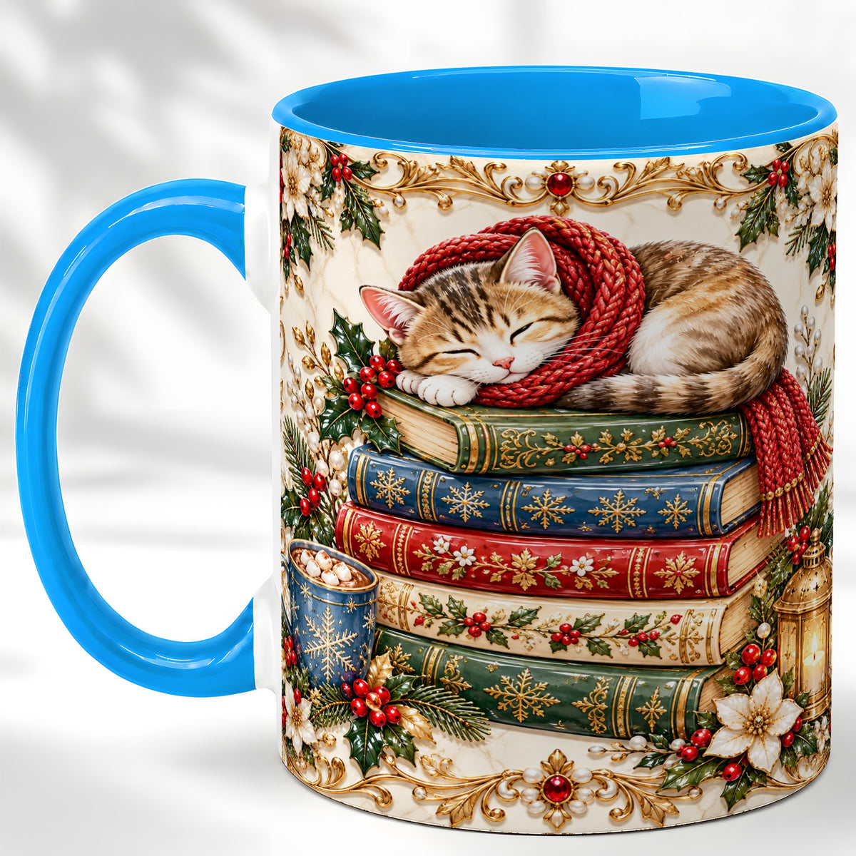 #pl[11oz|Blue] Cozy Christmas Cat Coffee Mug, Book Lover Mug, Ceramic Cup