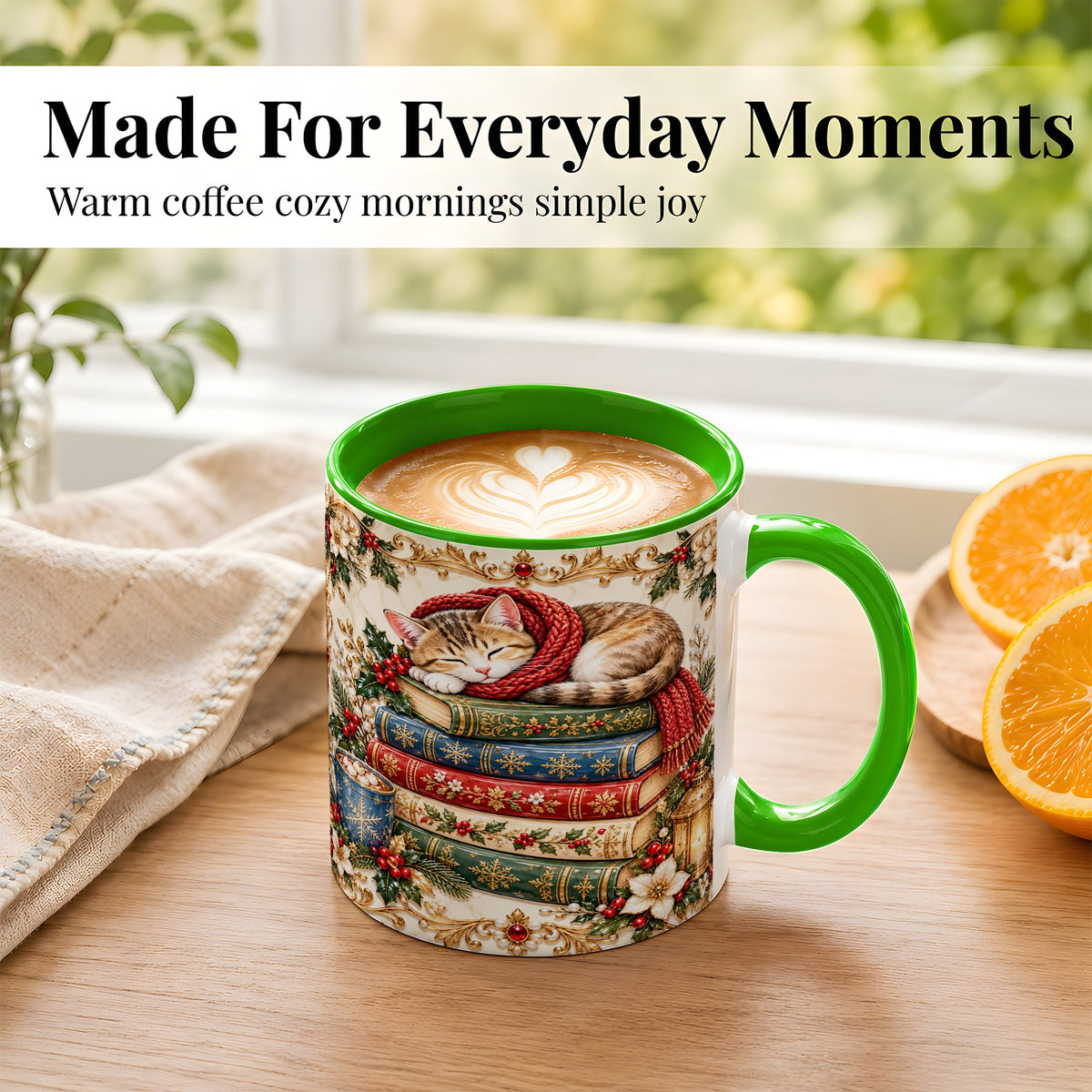 #pl[11oz|Green] Cozy Christmas Cat Coffee Mug, Book Lover Mug, Ceramic Cup