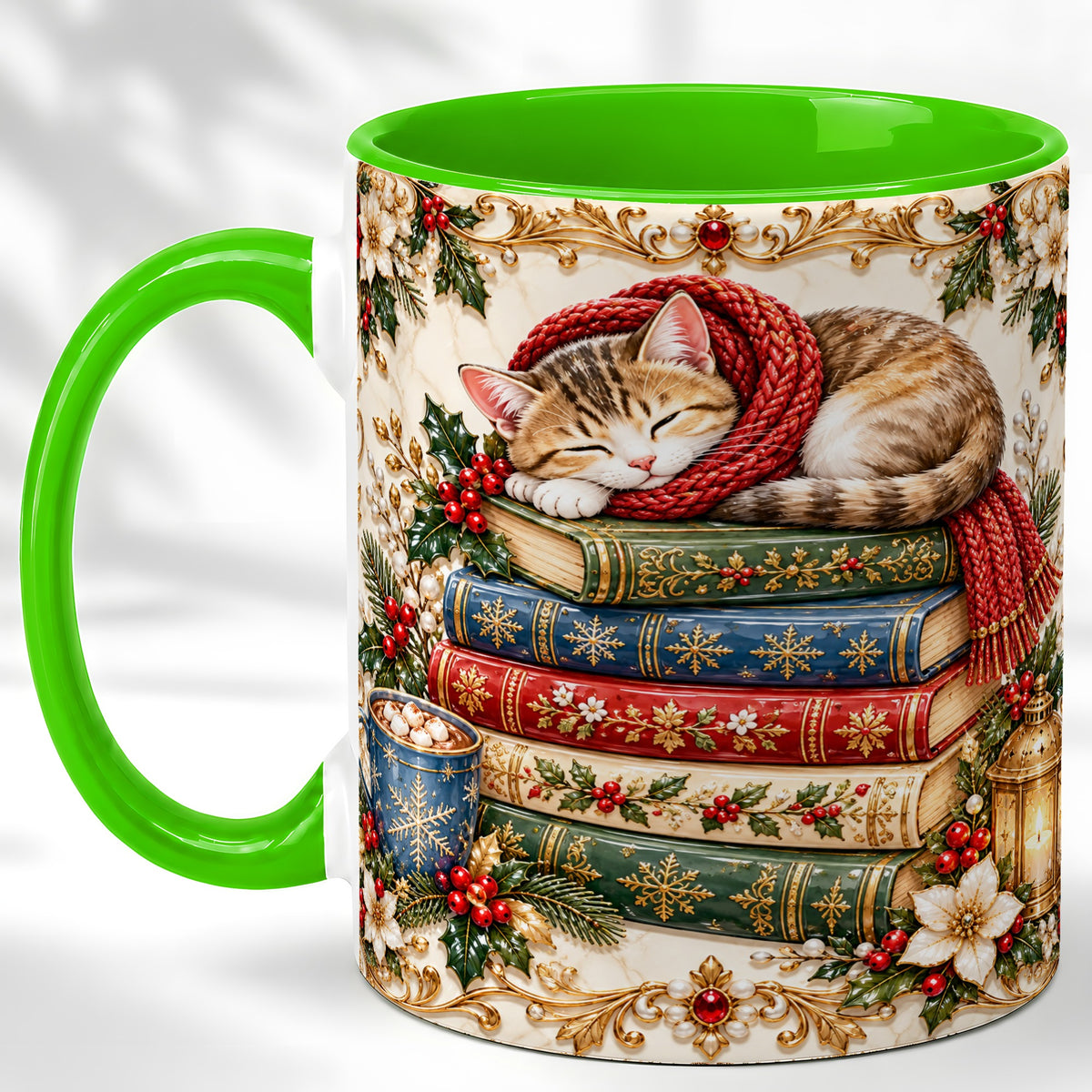 #pl[11oz|Green] Cozy Christmas Cat Coffee Mug, Book Lover Mug, Ceramic Cup