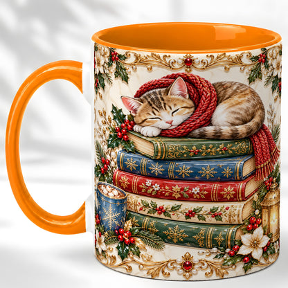 #pl[11oz|Orange] Cozy Christmas Cat Coffee Mug, Book Lover Mug, Ceramic Cup