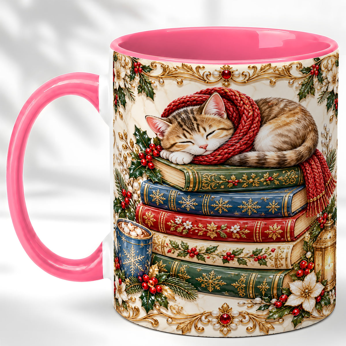 #pl[11oz|Pink] Cozy Christmas Cat Coffee Mug, Book Lover Mug, Ceramic Cup